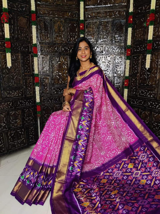 Ikat Handloom Silk Saree with Geometric Grid Pattern