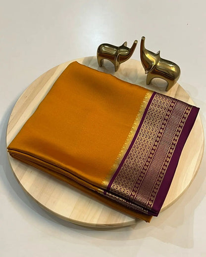 Traditional Mysore-Based Mustard Yellow Silk Saree with Contrast Purple Zari Border