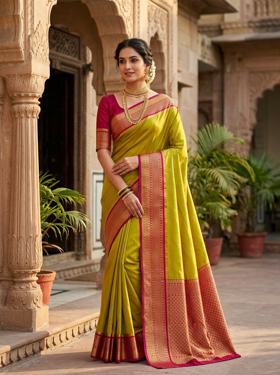 Classic Mysore-Based Mustard Yellow-Green Silk Blend Saree with Rich Pink Zari Pallu