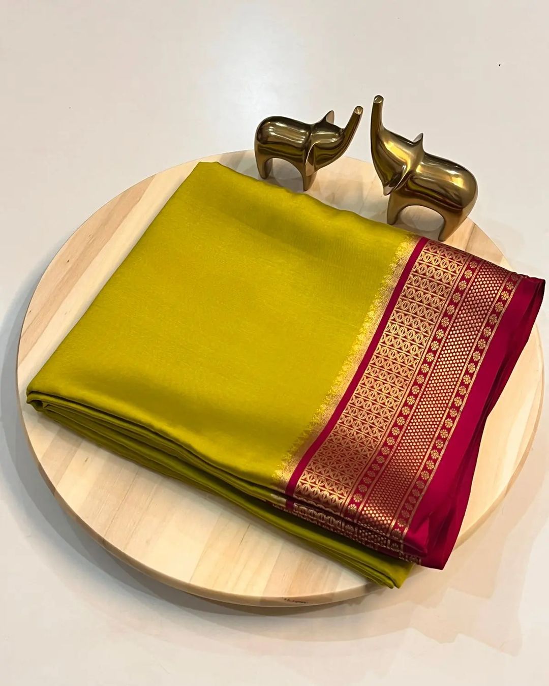 Classic Mysore-Based Mustard Yellow-Green Silk Blend Saree with Rich Pink Zari Pallu