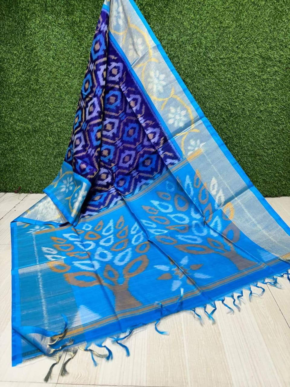 Blue Ikat Silk Saree with Tree of Life