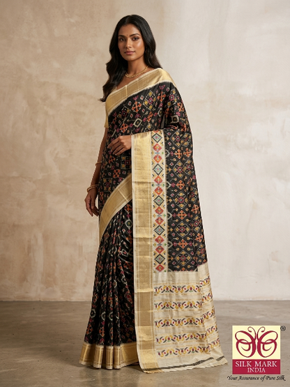 Black Handloom Pochampally Ikkat Silk Saree with Zari Border