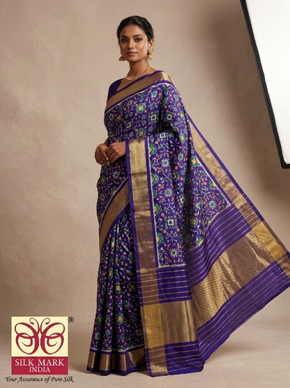 Deep Purple Handloom Pochampally Ikkat Silk Saree with Gold Zari