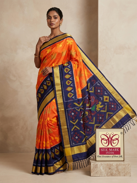 Orange & Navy Blue Pochampally Ikkat Silk Saree with Zari