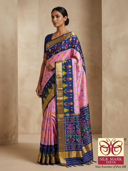 Pink & Navy Blue Pochampally Ikkat Silk Saree with Zari