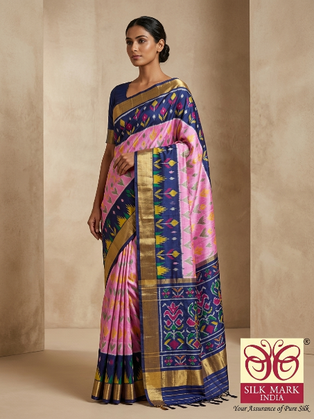 Pink & Navy Blue Pochampally Ikkat Silk Saree with Zari