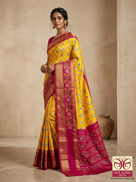 Yellow & Magenta Pochampally Ikkat Silk Saree with Gold Zari