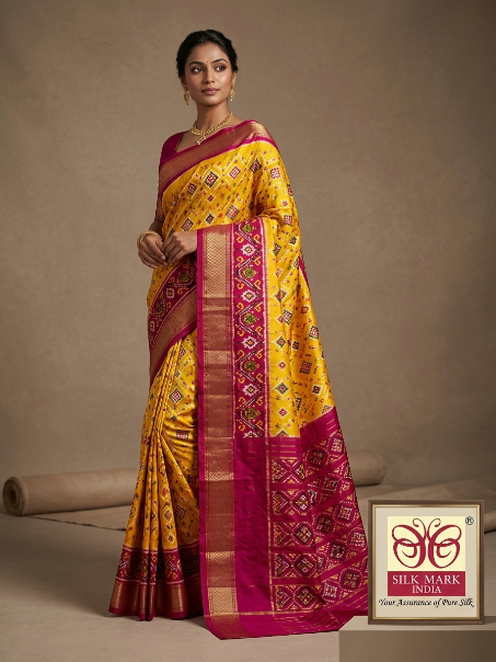 Yellow & Magenta Pochampally Ikkat Silk Saree with Gold Zari