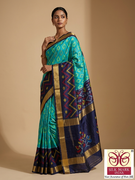 Turquoise & Navy Blue Pochampally Ikkat Silk Saree with Zari