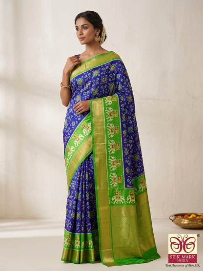 Purple & Parrot Green Pochampally Ikkat Silk Saree with Zari