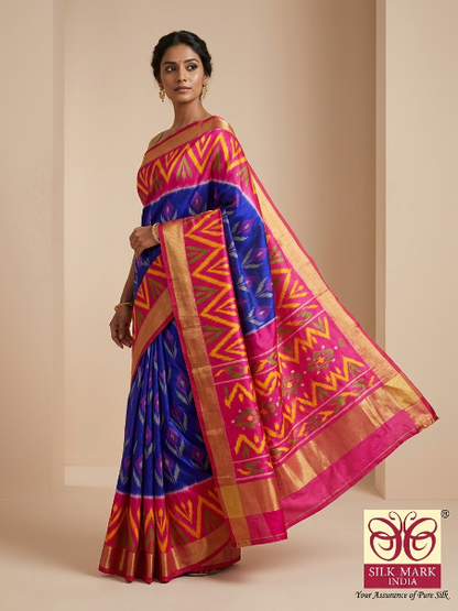 Royal Blue & Pink Pochampally Ikkat Silk Saree with Zari