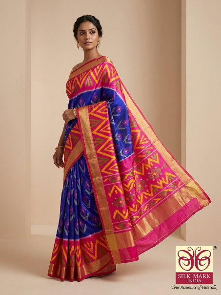 Royal Blue & Pink Pochampally Ikkat Silk Saree with Zari