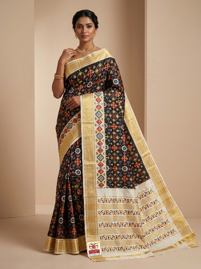 Black Handloom Pochampally Ikkat Silk Saree with Zari Border