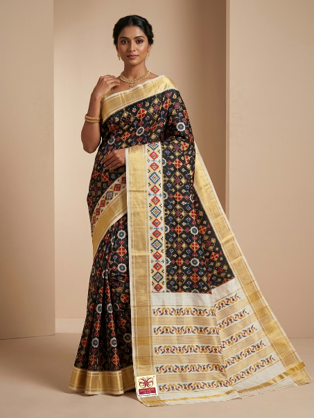 Black Handloom Pochampally Ikkat Silk Saree with Zari Border
