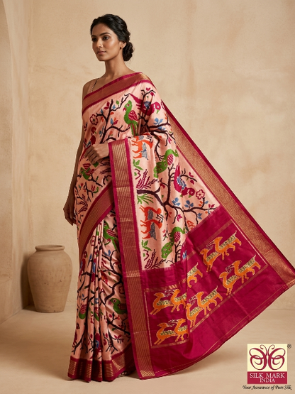 Peach & Magenta Pochampally Ikkat Silk Saree with Gold Zari