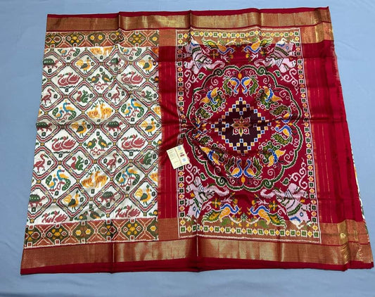 Cream and Red Patola Silk Wedding Saree