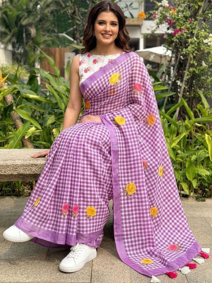 Lavender and White Checkered Saree with Printed Blouse