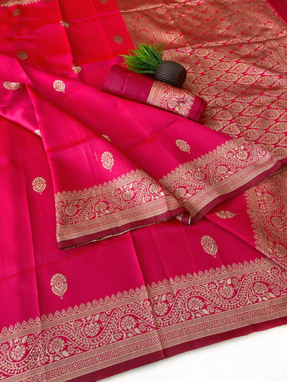 Rani Pink Saree with Golden Woven Border