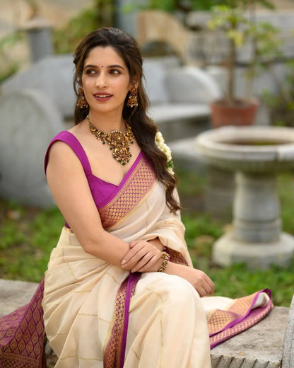 Cream Saree with Purple Gold Woven Border