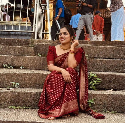 Deep Red Saree with Gold Woven Floral Border