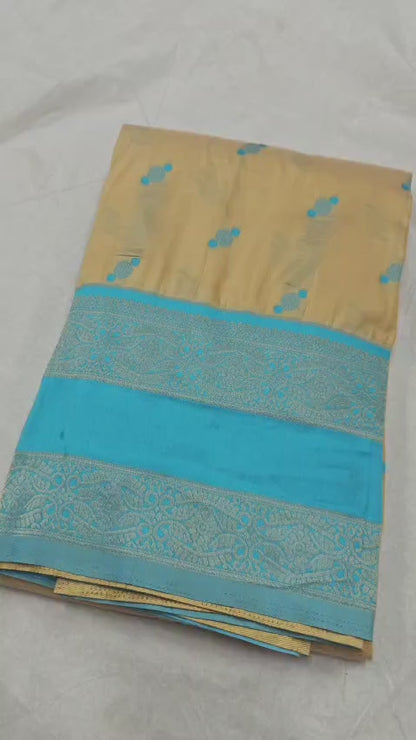 Light Khaki Kanjeevaram Silk Saree with Teal Blue Border